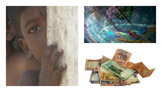 Fotocollage met wereldbol, Afrikaans kind dat om de hoek komt kijken, en Indische bankbiljetten