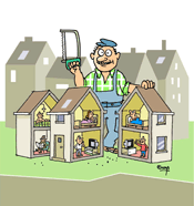 Cartoon van een mand die een huis verdeelt in meerdere woningen